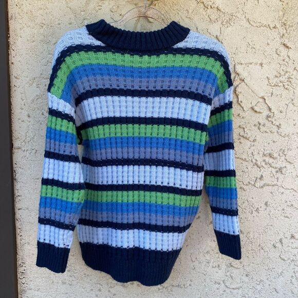 Chunky SO size extra small blue green striped sweater preppy - Picture 3 of 6